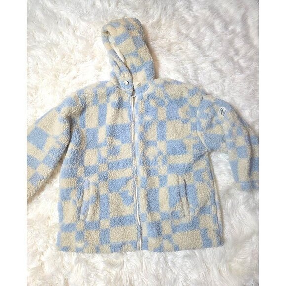 Womens Blue And White Plaid Fleece Jacket Casual Fuzzy Shacket Fall Winter Warm - Picture 1 of 9
